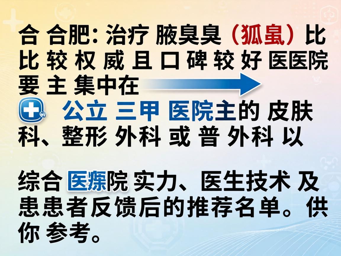 在合肥，治疗腋臭（狐臭）比较权威且口碑较好的医院主要集中在公立三甲医院的皮肤科、整形外科或普外科。以下是综合医院实力、医生技术及患者反馈后的推荐名单，供你参考