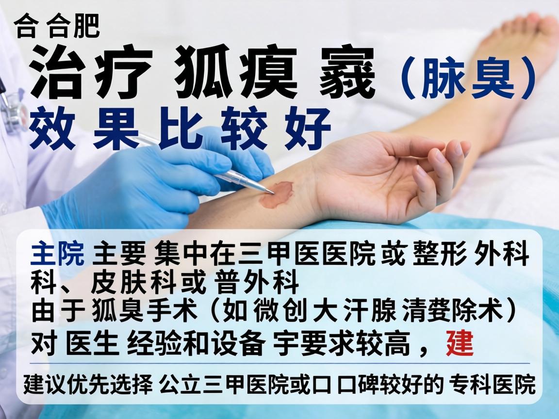 在合肥，治疗狐臭（腋臭）效果比较好的医院主要集中在三甲医院的整形外科、皮肤科或普外科。由于狐臭手术（如微创大汗腺清除术）对医生经验和设备要求较高，建议优先选择公立三甲医院或口碑较好的专科医院