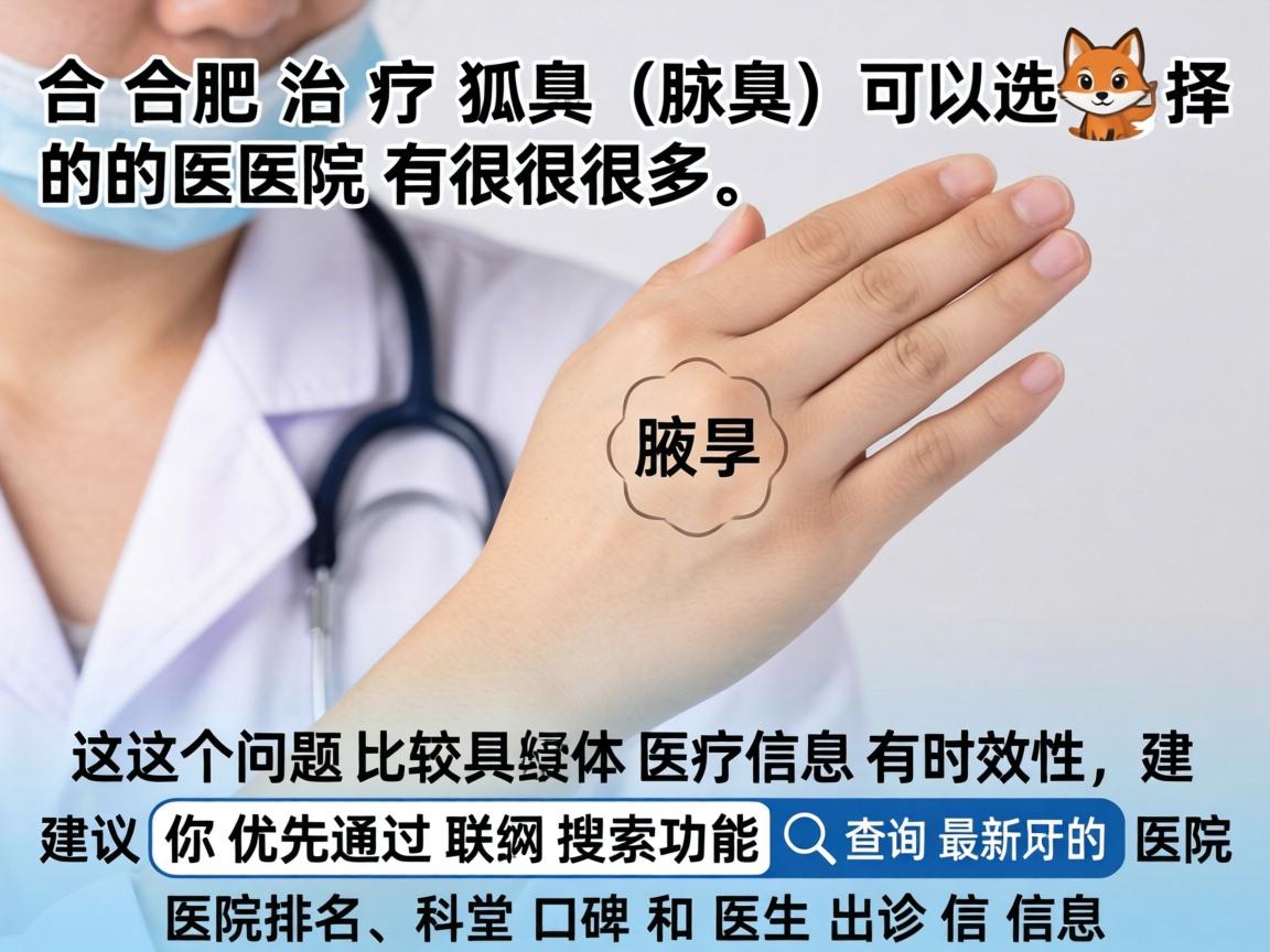 在合肥,治疗狐臭(腋臭)可以选择的医院很多。这个问题比较具体,医疗信息有时效性,建议你优先通过联网搜索功能查询最新的医院排名、科室口碑和医生出诊信息 在合肥,治疗狐臭(腋臭)可以选择的医院很多。这个问题比较具体,医疗信息有时效性,建议你优先通过联网搜索功能查询最新的医院排名、科室口碑和医生出诊信息