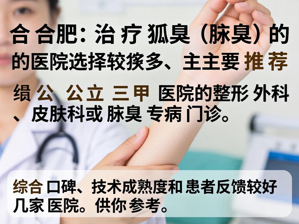 在合肥，治疗狐臭（腋臭）的医院选择较多，主要推荐公立三甲医院的整形外科、皮肤科或腋臭专病门诊。以下是综合口碑、技术成熟度和患者反馈较好的几家医院，供你参考