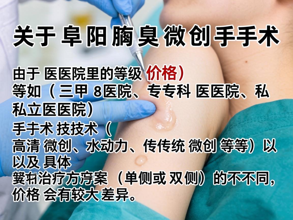 关于阜阳腋臭微创手术的价格，由于医院的等级（如三甲医院、专科医院、私立医院）手术技术（如高清微创、水动力、传统微创等）以及具体治疗方案（单侧或双侧）的不同，价格会有较大差异