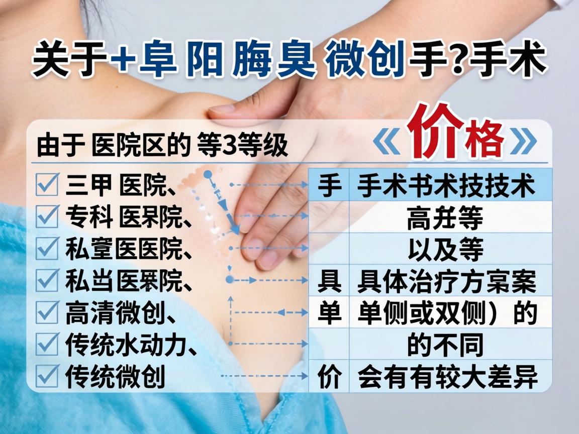 关于阜阳腋臭微创手术的价格，由于医院的等级（如三甲医院、专科医院、私立医院）手术技术（如高清微创、水动力、传统微创等）以及具体治疗方案（单侧或双侧）的不同，价格会有较大差异