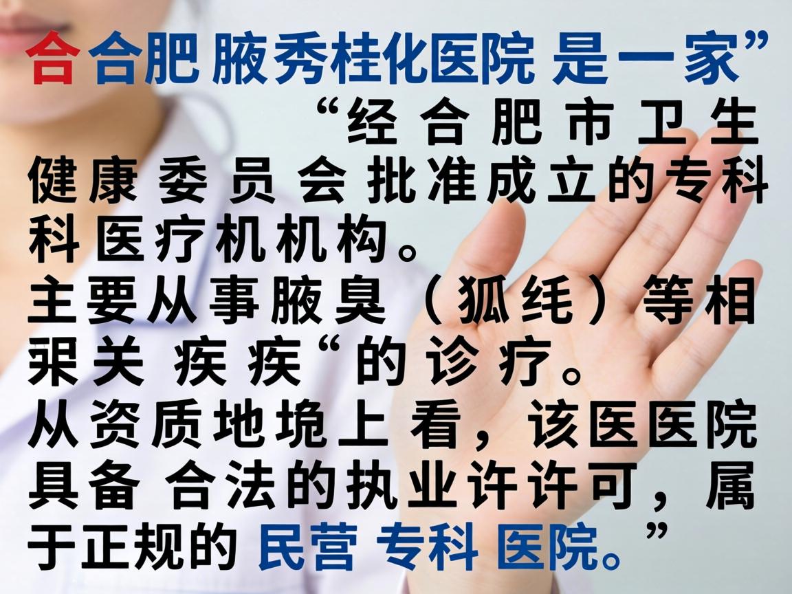 合肥腋秀医院是一家经合肥市卫生健康委员会批准成立的专科医疗机构，主要从事腋臭（狐臭）等相关疾病的诊疗。从资质上看，该医院具备合法的执业许可，属于正规的民营专科医院