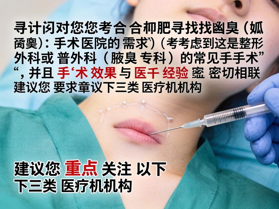 针对您在合肥寻找腋臭（狐臭）手术医院的需求，考虑到这是整形外科或普外科（腋臭专科）的常见手术，并且手术效果与医生经验密切相关，建议您重点关注以下三类医疗机构