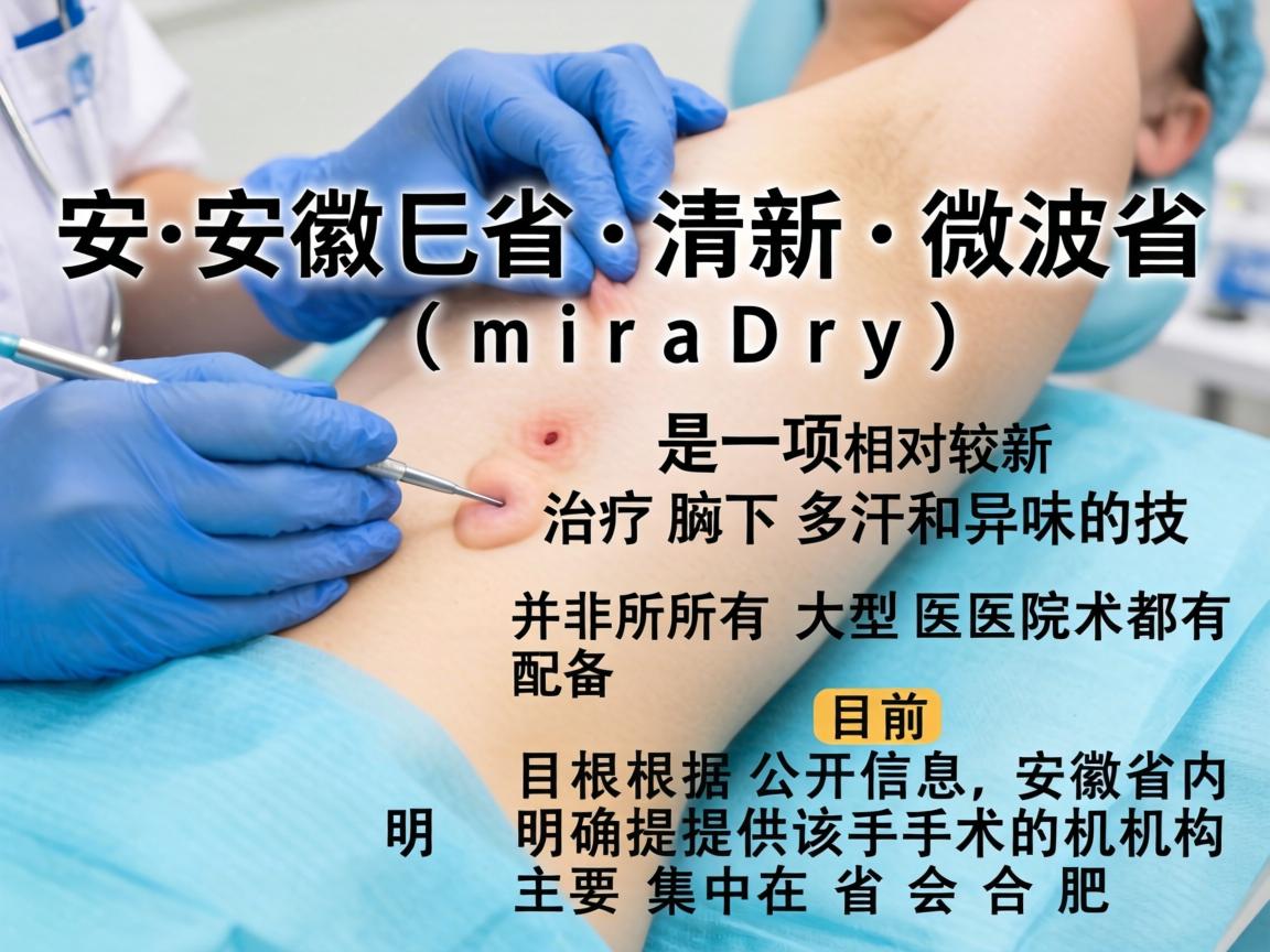 在安徽省，清新微波（miraDry）是一项相对较新的治疗腋下多汗和异味的技术，并非所有大型医院都有配备。目前根据公开信息，安徽省内明确提供该手术的机构主要集中在省会合肥