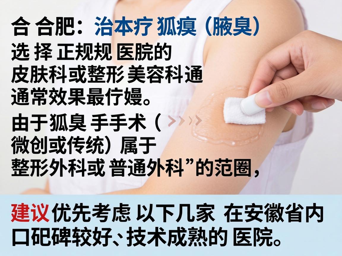 在合肥，治疗狐臭（腋臭）选择正规医院的皮肤科或整形美容科通常效果最好。由于狐臭手术（微创或传统）属于整形外科或普通外科的范畴，建议优先考虑以下几家在安徽省内口碑较好、技术成熟的医院