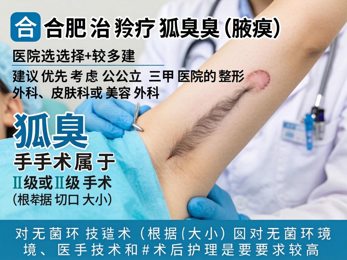 在合肥，治疗狐臭（腋臭）的医院选择较多，建议优先考虑公立三甲医院的整形外科、皮肤科或美容外科。狐臭手术属于Ⅰ级或Ⅱ级手术（根据切口大小）对无菌环境、医生技术和术后护理要求较高