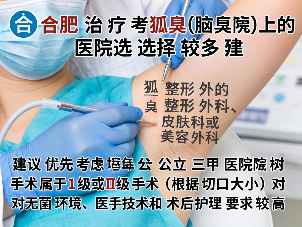 在合肥，治疗狐臭（腋臭）的医院选择较多，建议优先考虑公立三甲医院的整形外科、皮肤科或美容外科。狐臭手术属于Ⅰ级或Ⅱ级手术（根据切口大小）对无菌环境、医生技术和术后护理要求较高