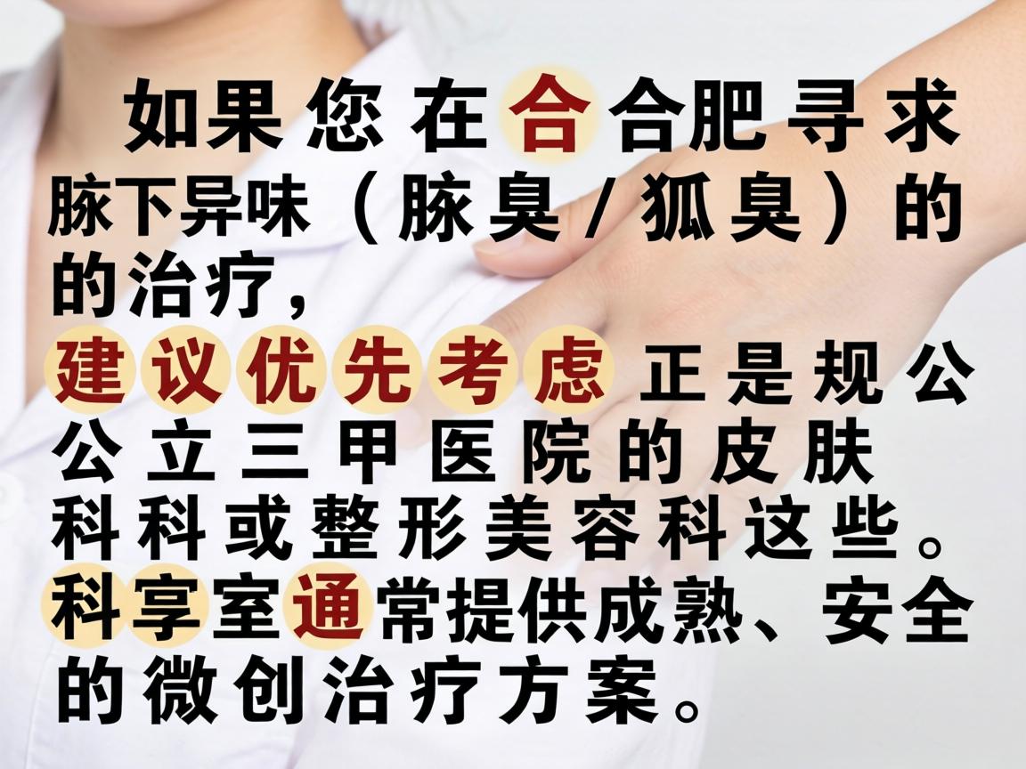 如果您在合肥寻求腋下异味（腋臭/狐臭）的治疗，建议优先考虑正规公立三甲医院的皮肤科或整形美容科。这些科室通常提供成熟、安全的微创治疗方案