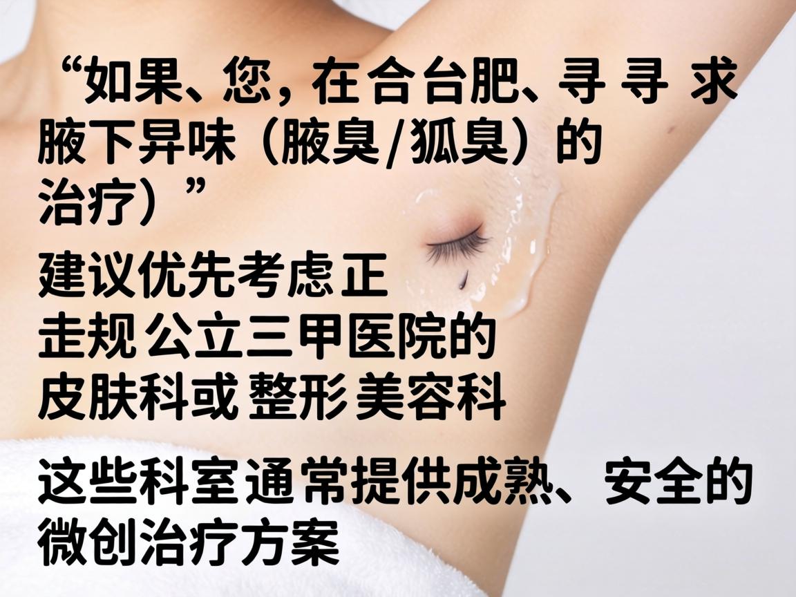 如果您在合肥寻求腋下异味（腋臭/狐臭）的治疗，建议优先考虑正规公立三甲医院的皮肤科或整形美容科。这些科室通常提供成熟、安全的微创治疗方案