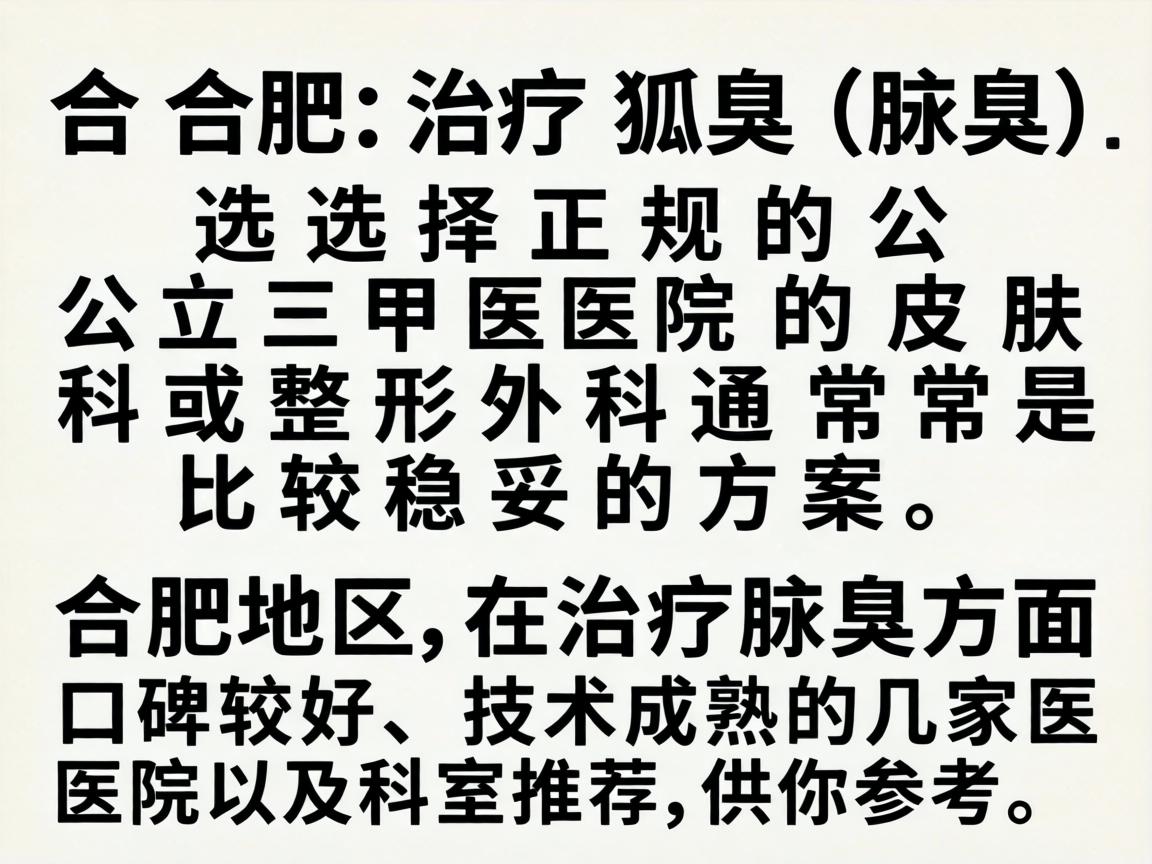在合肥，治疗狐臭（腋臭）选择正规的公立三甲医院的皮肤科或整形外科通常是比较稳妥的方案。以下是合肥地区在治疗腋臭方面口碑较好、技术成熟的几家医院及科室推荐，供你参考