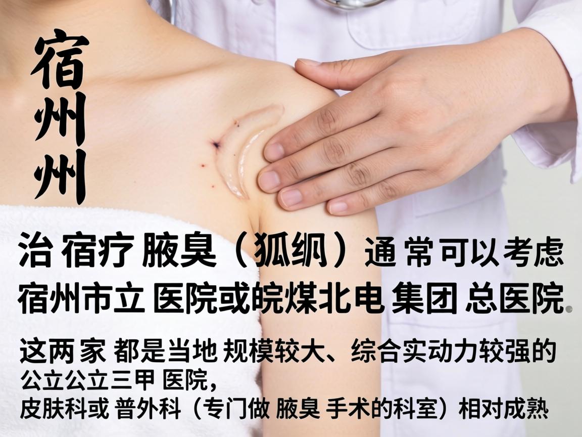 在宿州，治疗腋臭（狐臭）通常可以考虑宿州市立医院或皖北煤电集团总医院。这两家都是当地规模较大、综合实力较强的公立三甲医院，皮肤科或普外科（专门做腋臭手术的科室）相对成熟
