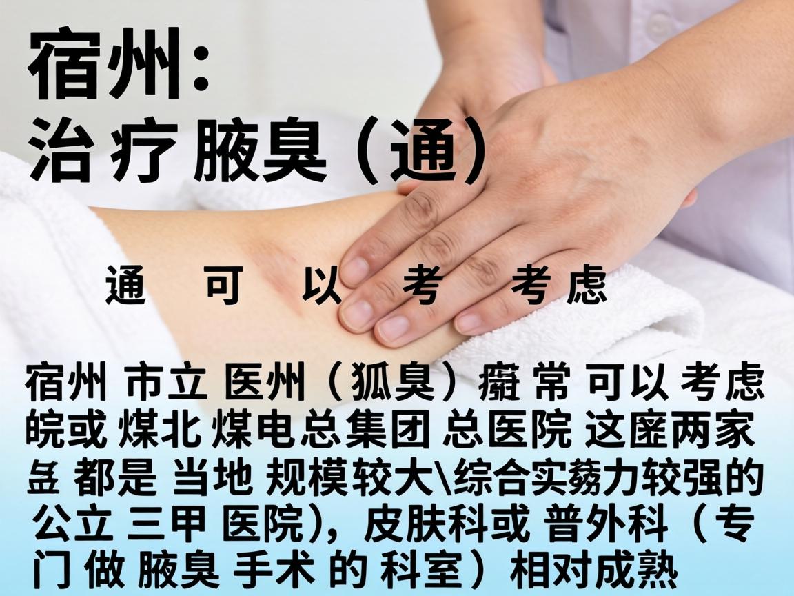 在宿州，治疗腋臭（狐臭）通常可以考虑宿州市立医院或皖北煤电集团总医院。这两家都是当地规模较大、综合实力较强的公立三甲医院，皮肤科或普外科（专门做腋臭手术的科室）相对成熟