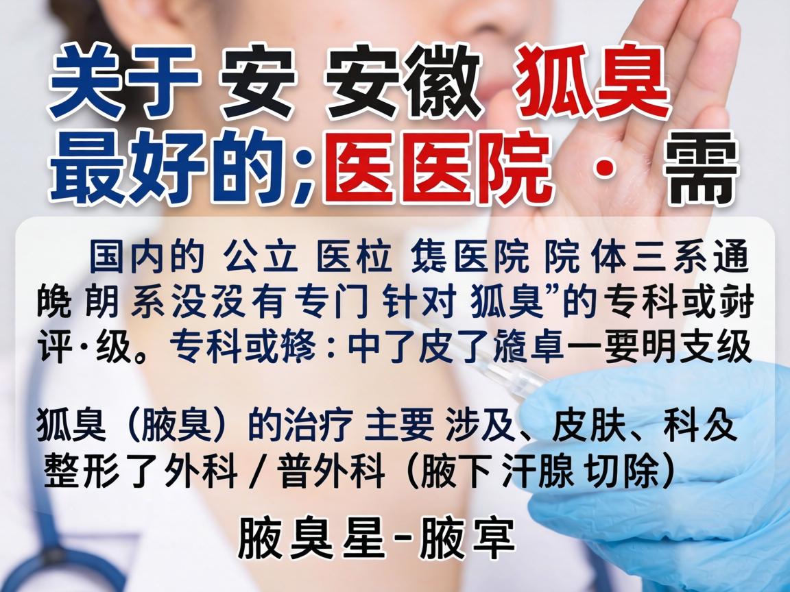 关于安徽狐臭最好的医院，需要明确的是，国内的公立医院体系通常没有专门针对狐臭的专科或评级。狐臭（腋臭）的治疗主要涉及皮肤科和整形外科/普外科（腋下汗腺切除）