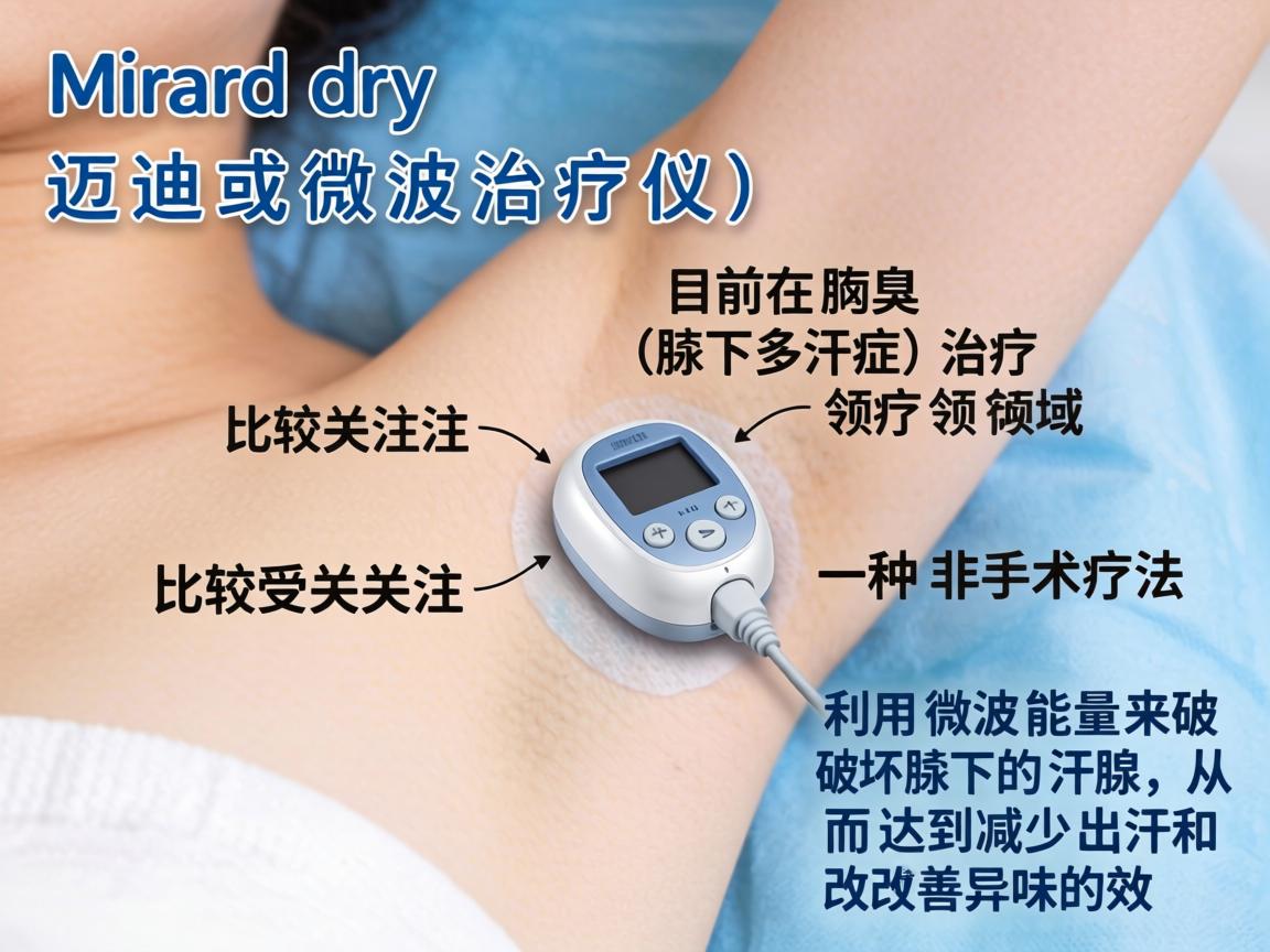 Miradry（中文常译为迈迪或微波治疗仪）是目前在腋臭（腋下多汗症）治疗领域比较受关注的一种非手术疗法。它利用微波能量来破坏腋下的汗腺，从而达到减少出汗和改善异味的效果