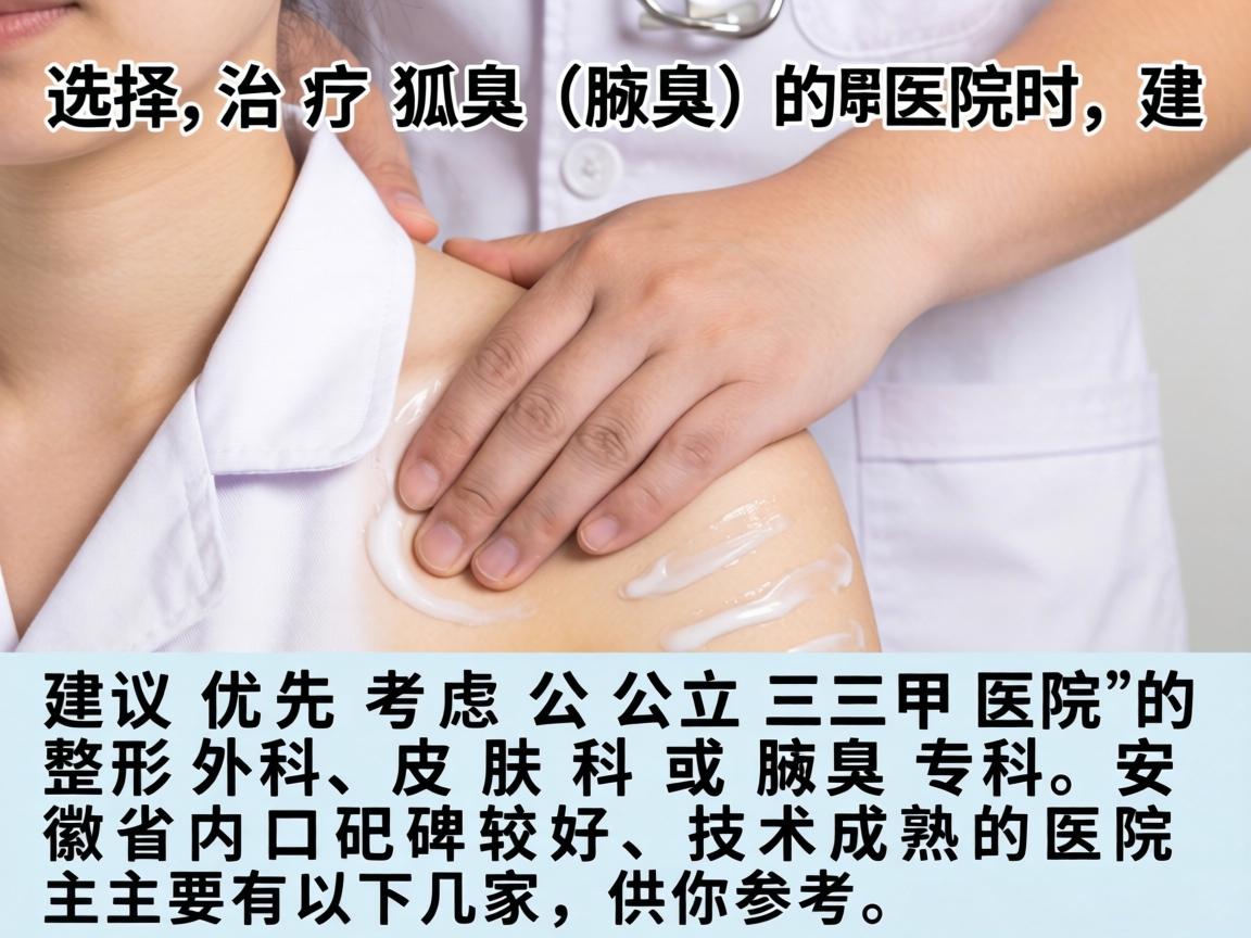 选择治疗狐臭（腋臭）的医院时，建议优先考虑公立三甲医院的整形外科、皮肤科或腋臭专科。安徽省内口碑较好、技术成熟的医院主要有以下几家，供你参考