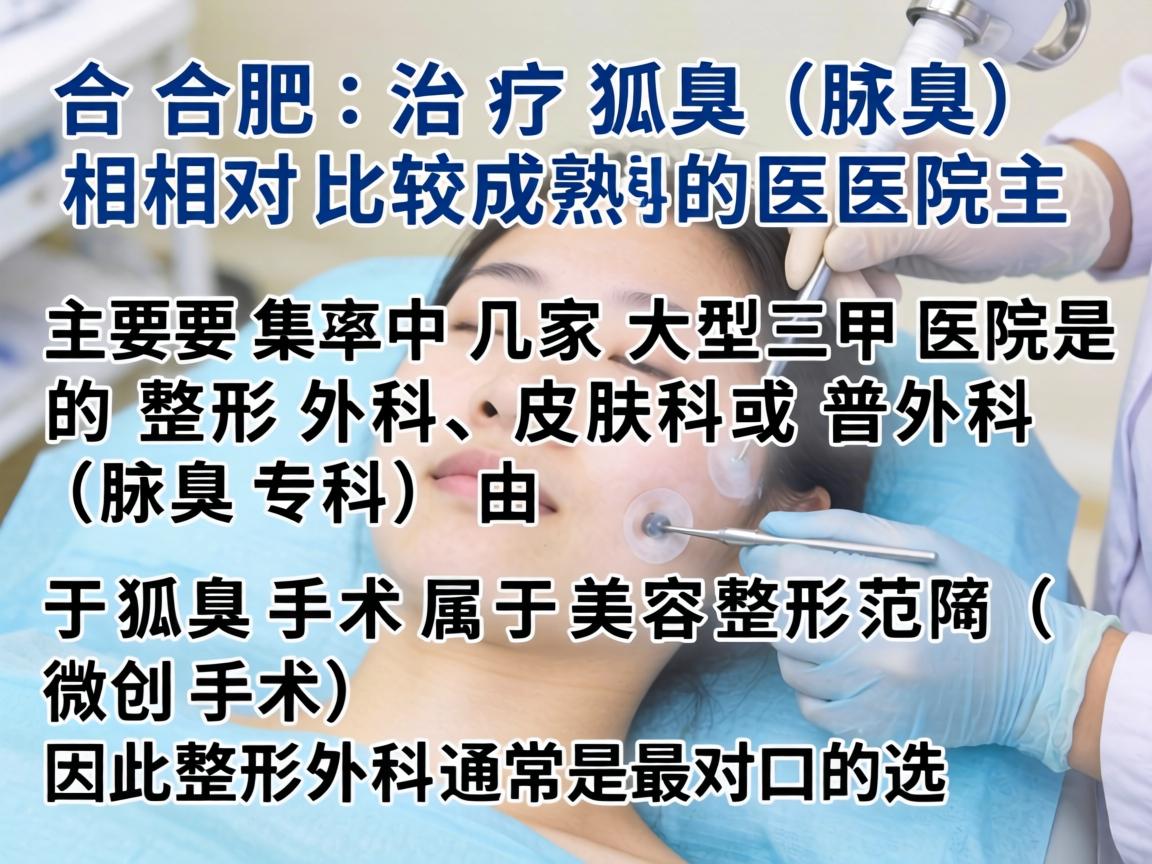 在合肥，治疗狐臭（腋臭）相对比较成熟的医院主要集中在几家大型三甲医院的整形外科、皮肤科或普外科（腋臭专科）由于狐臭手术属于美容整形范畴（微创手术）因此整形外科通常是最对口的选择