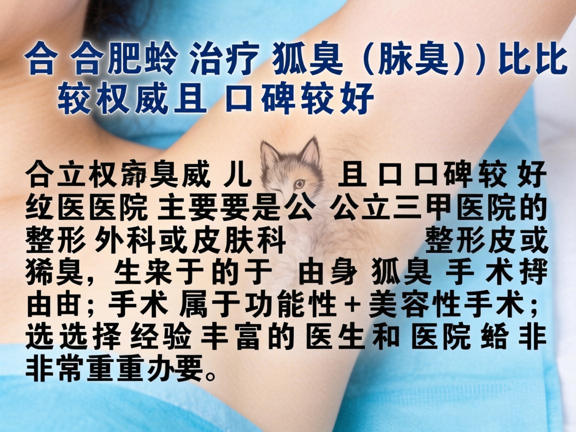 在合肥，治疗狐臭（腋臭）比较权威且口碑较好的医院主要是公立三甲医院的整形外科或皮肤科。由于狐臭手术属于功能性+美容性手术，选择经验丰富的医生和医院非常重要