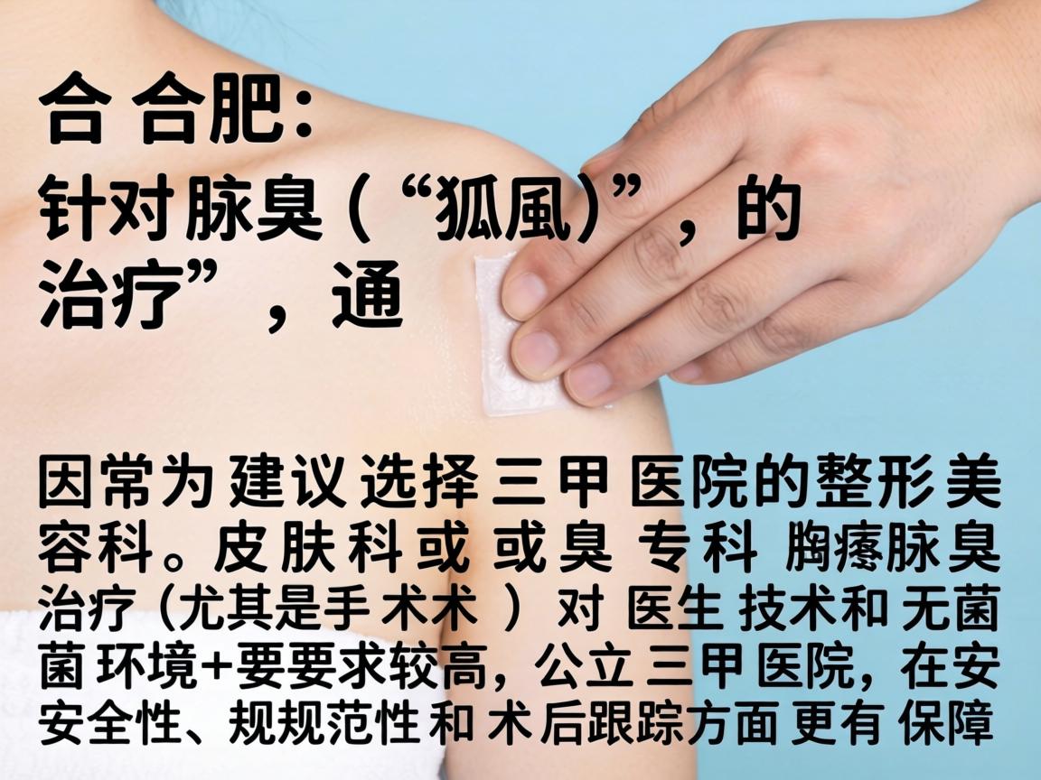 在合肥，针对腋臭（狐臭）的治疗，通常建议选择三甲医院的整形美容科、皮肤科或腋臭专科。因为腋臭治疗（尤其是手术）对医生技术和无菌环境要求较高，公立三甲医院在安全性、规范性和术后跟踪方面更有保障