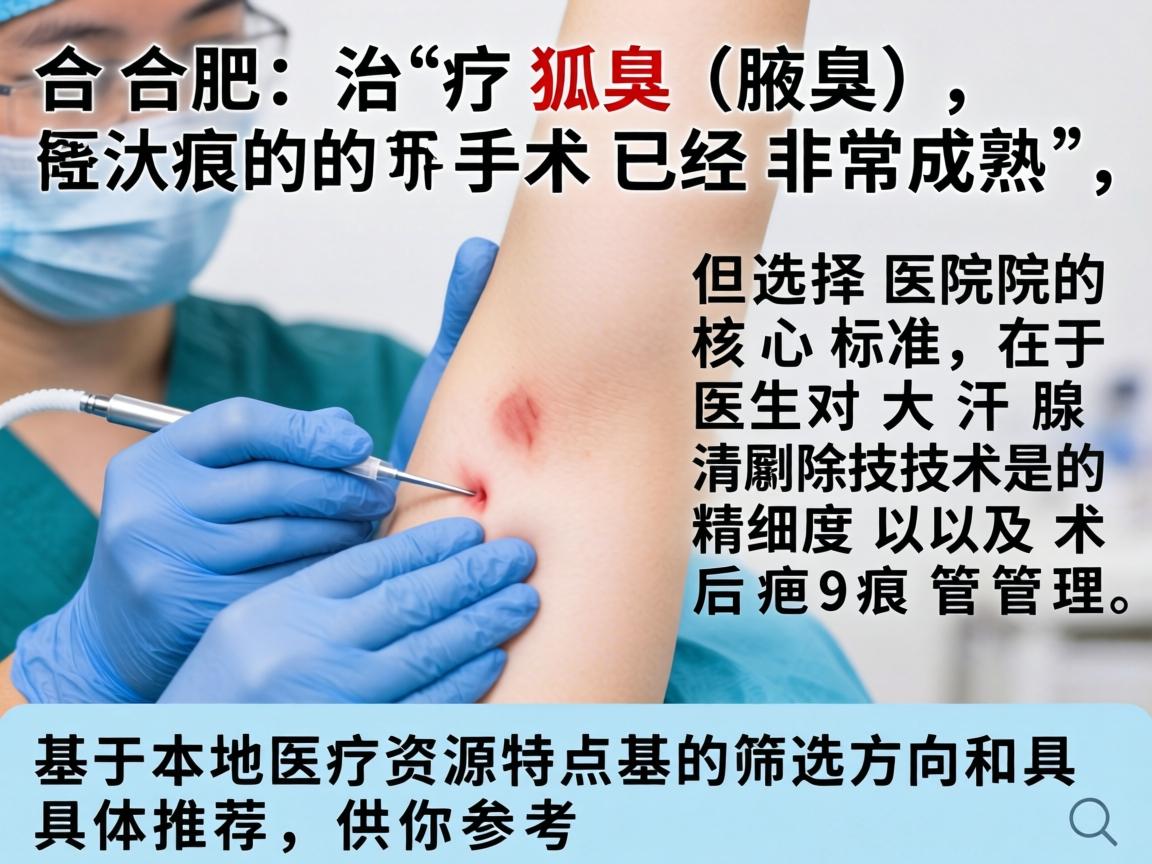 在合肥，治疗狐臭（腋臭）的手术已经非常成熟，但选择医院的核心标准在于医生对大汗腺清除技术的精细度以及术后疤痕管理。以下是基于本地医疗资源特点的筛选方向和具体推荐，供你参考