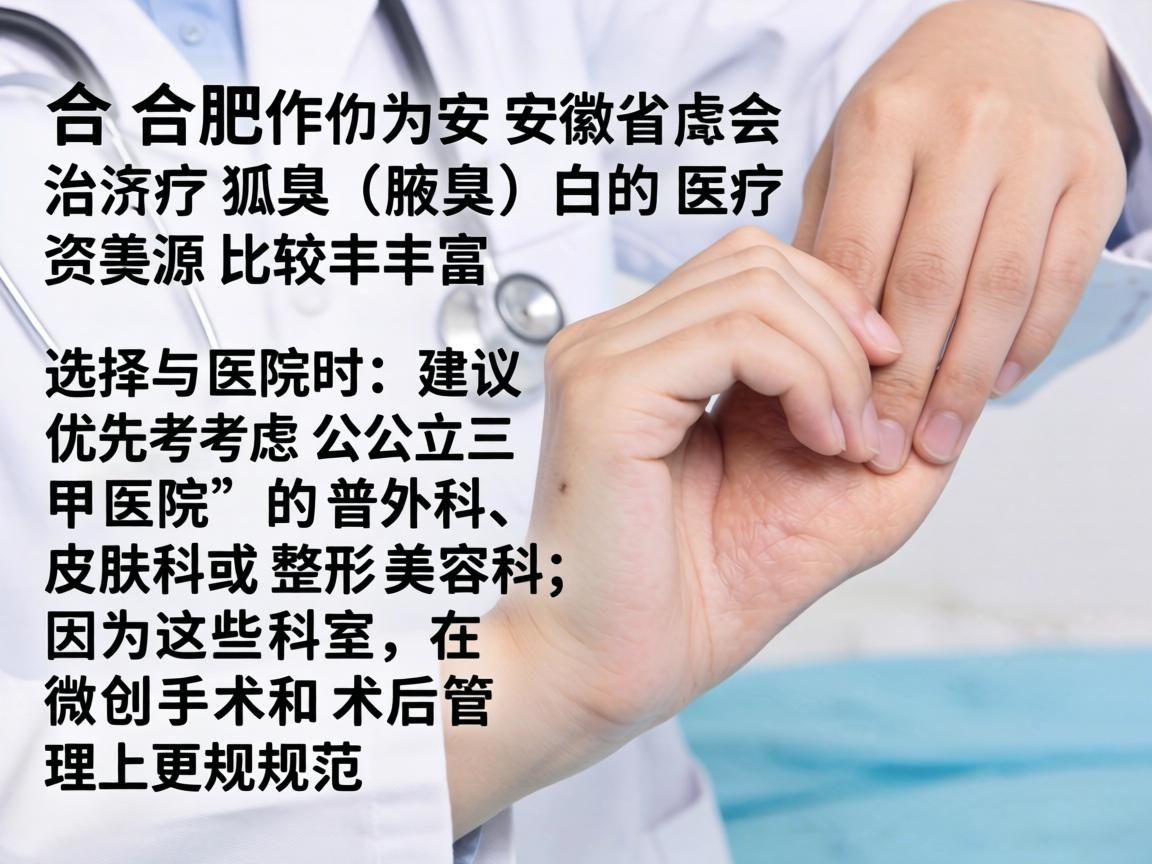 合肥作为安徽省会，治疗狐臭（腋臭）的医疗资源比较丰富。选择医院时，建议优先考虑公立三甲医院的普外科、皮肤科或整形美容科，因为这些科室在微创手术和术后管理上更规范