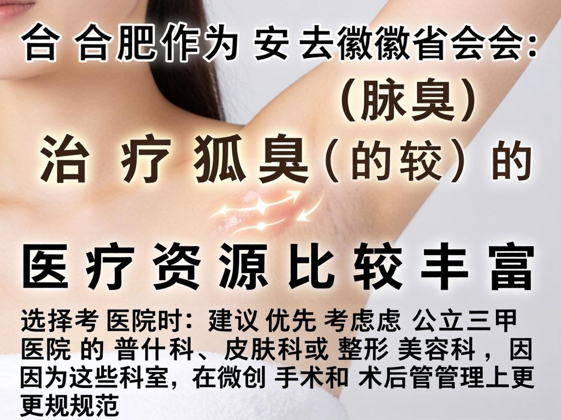 合肥作为安徽省会，治疗狐臭（腋臭）的医疗资源比较丰富。选择医院时，建议优先考虑公立三甲医院的普外科、皮肤科或整形美容科，因为这些科室在微创手术和术后管理上更规范