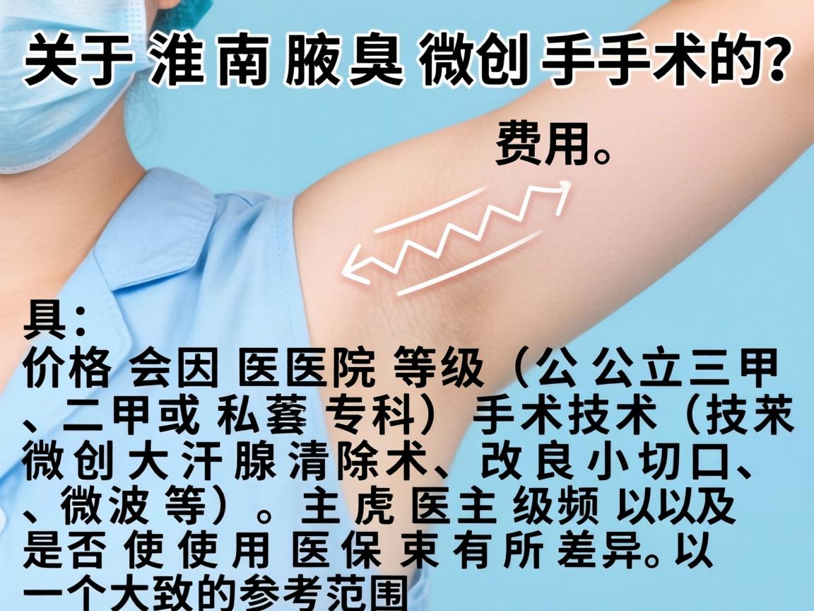 关于淮南腋臭微创手术的费用，具体价格会因医院等级（公立三甲、二甲或私立专科）手术技术（如微创大汗腺清除术、改良小切口、微波等）主刀医生级别以及是否使用医保而有所差异。以下是一个大致的参考范围