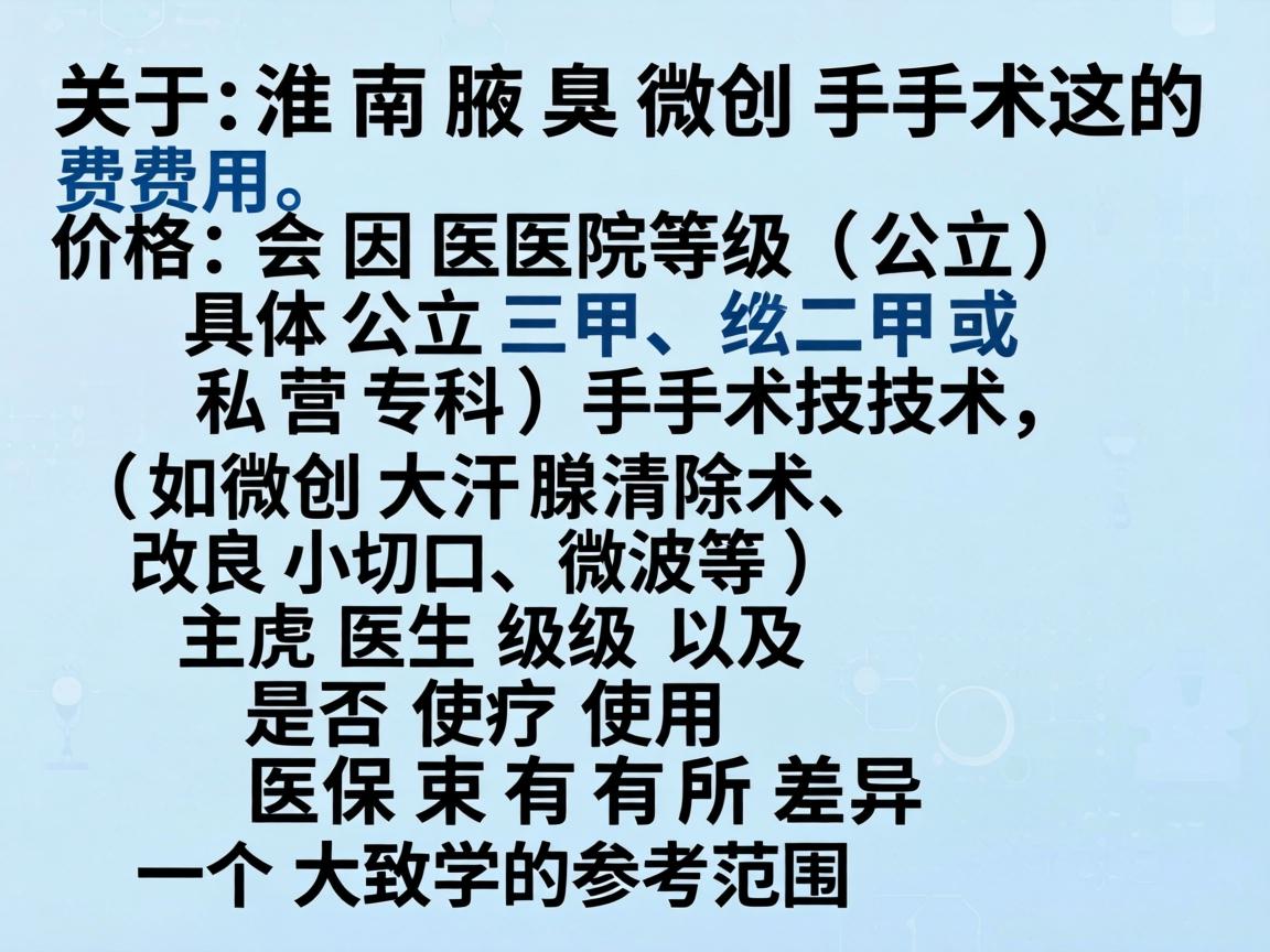 关于淮南腋臭微创手术的费用，具体价格会因医院等级（公立三甲、二甲或私立专科）手术技术（如微创大汗腺清除术、改良小切口、微波等）主刀医生级别以及是否使用医保而有所差异。以下是一个大致的参考范围