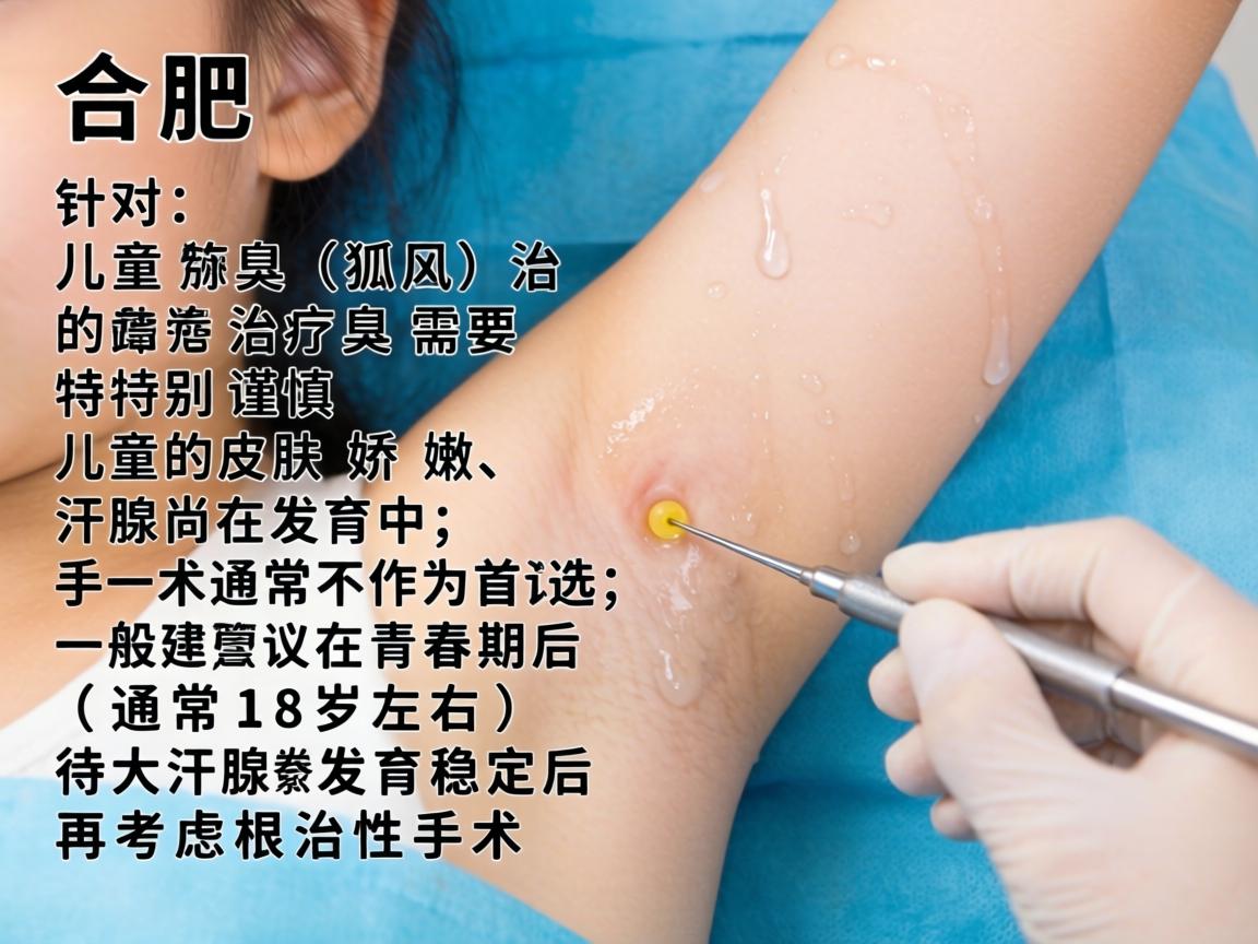 在合肥，针对儿童腋臭（狐臭）的治疗需要特别谨慎。儿童的皮肤娇嫩、汗腺尚在发育中，手术通常不作为首选，一般建议在青春期后（通常18岁左右）待大汗腺发育稳定后再考虑根治性手术