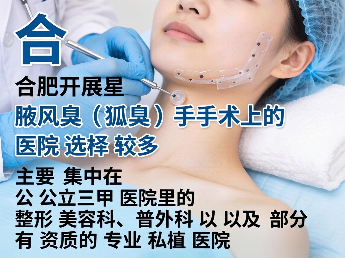 在合肥，开展腋臭（狐臭）手术的医院选择较多，主要集中在公立三甲医院的整形美容科、普外科以及部分有资质的专业私立医院