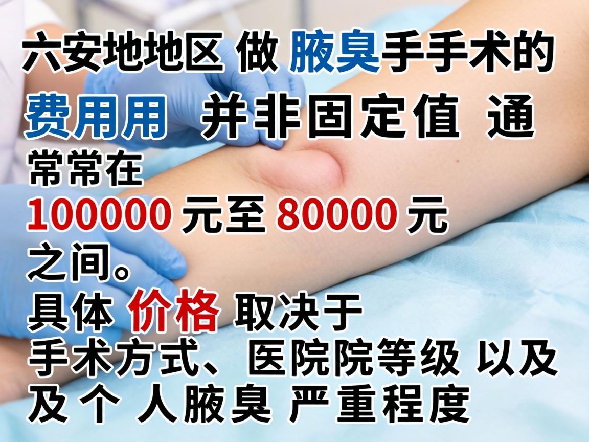 六安地区做腋臭手术的费用并非固定值，通常在 1000元至8000元 之间，具体价格取决于手术方式、医院等级以及个人腋臭严重程度
