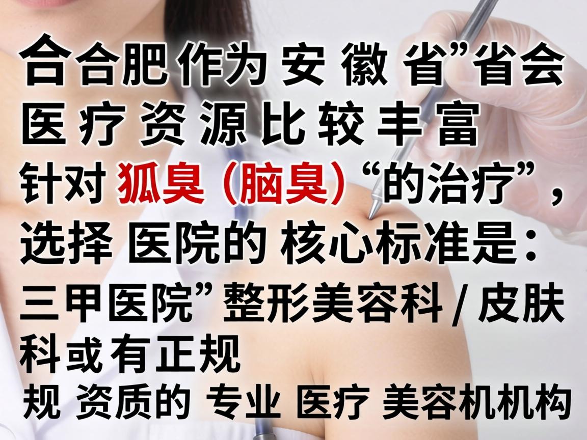 合肥作为安徽省的省会，医疗资源比较丰富。针对狐臭（腋臭）的治疗，选择医院的核心标准是，三甲医院的整形美容科/皮肤科 或 有正规资质的专业医疗美容机构