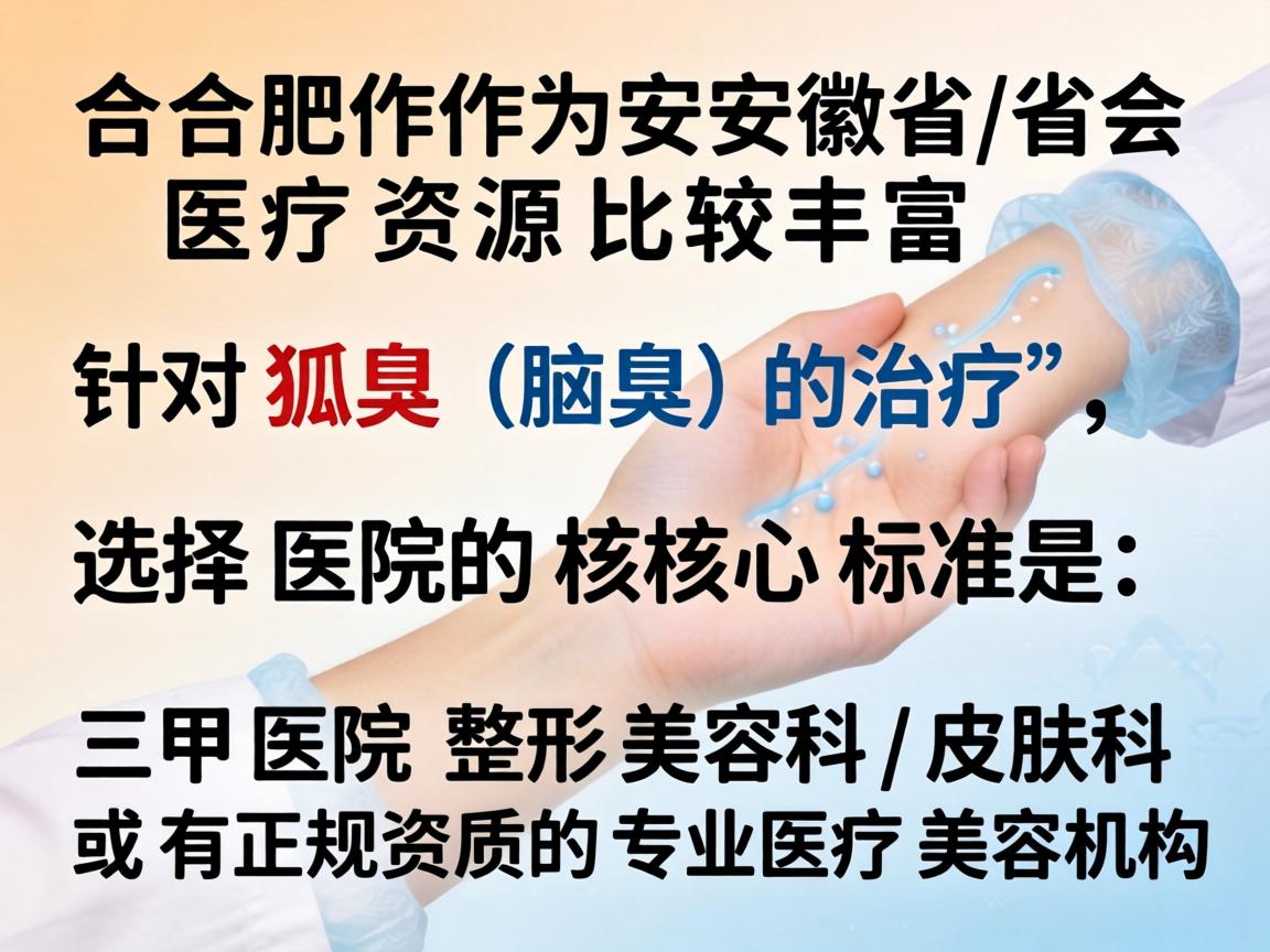 合肥作为安徽省的省会，医疗资源比较丰富。针对狐臭（腋臭）的治疗，选择医院的核心标准是，三甲医院的整形美容科/皮肤科 或 有正规资质的专业医疗美容机构