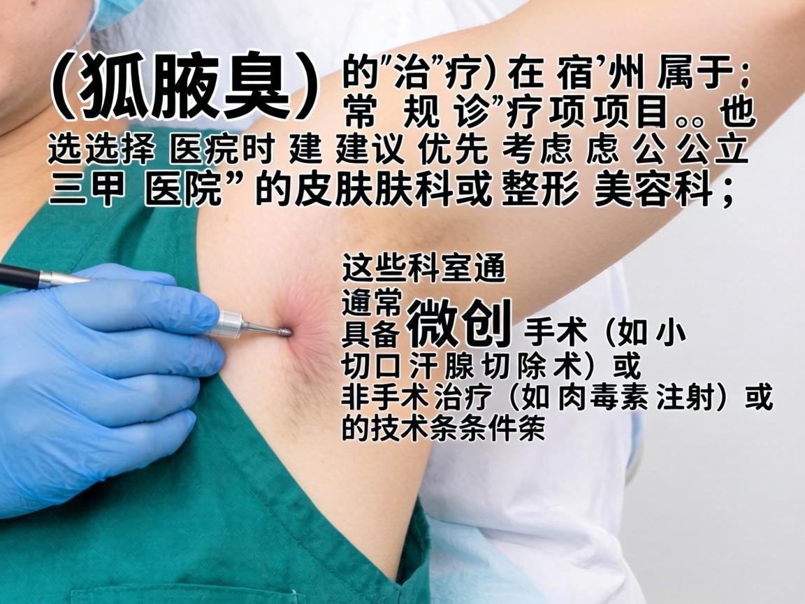 狐臭（腋臭）的治疗在宿州属于常规诊疗项目，选择医院时建议优先考虑公立三甲医院的皮肤科或整形美容科，这些科室通常具备微创手术（如小切口汗腺切除术）或非手术治疗（如肉毒素注射）的技术条件