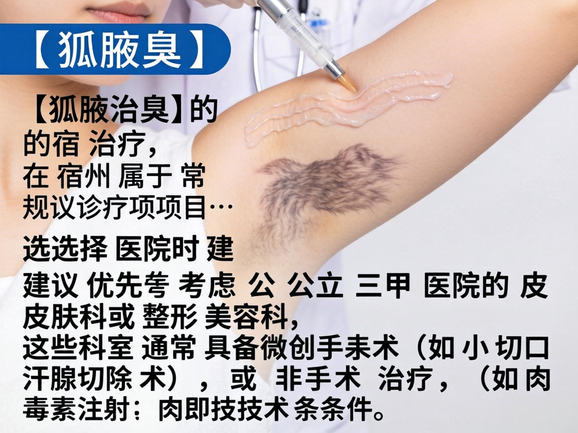 狐臭（腋臭）的治疗在宿州属于常规诊疗项目，选择医院时建议优先考虑公立三甲医院的皮肤科或整形美容科，这些科室通常具备微创手术（如小切口汗腺切除术）或非手术治疗（如肉毒素注射）的技术条件