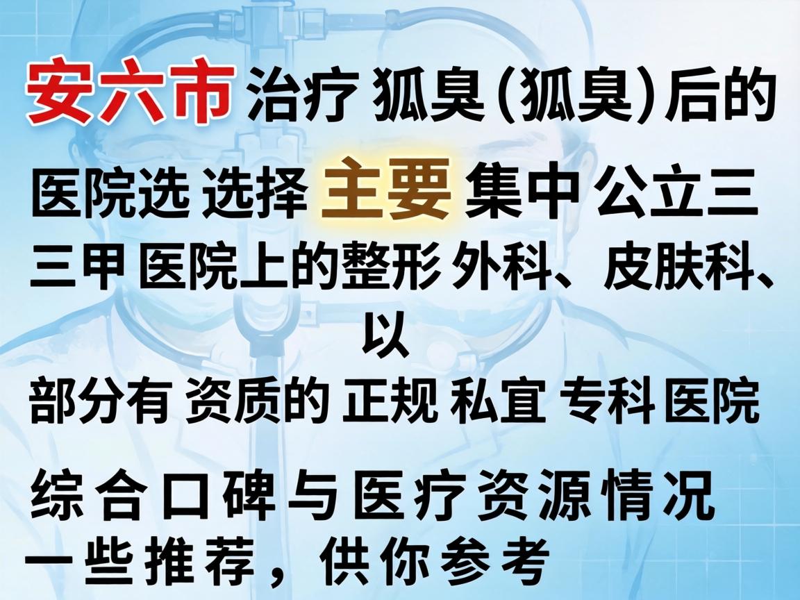 在六安市，治疗狐臭（腋臭）的医院选择主要集中在公立三甲医院的整形外科、皮肤科，以及部分有资质的正规私立专科医院。以下是综合口碑与医疗资源情况的一些推荐，供你参考