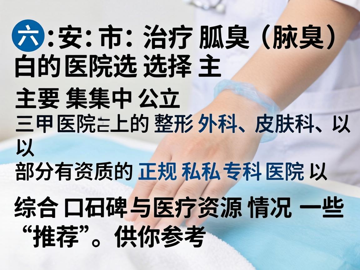在六安市，治疗狐臭（腋臭）的医院选择主要集中在公立三甲医院的整形外科、皮肤科，以及部分有资质的正规私立专科医院。以下是综合口碑与医疗资源情况的一些推荐，供你参考