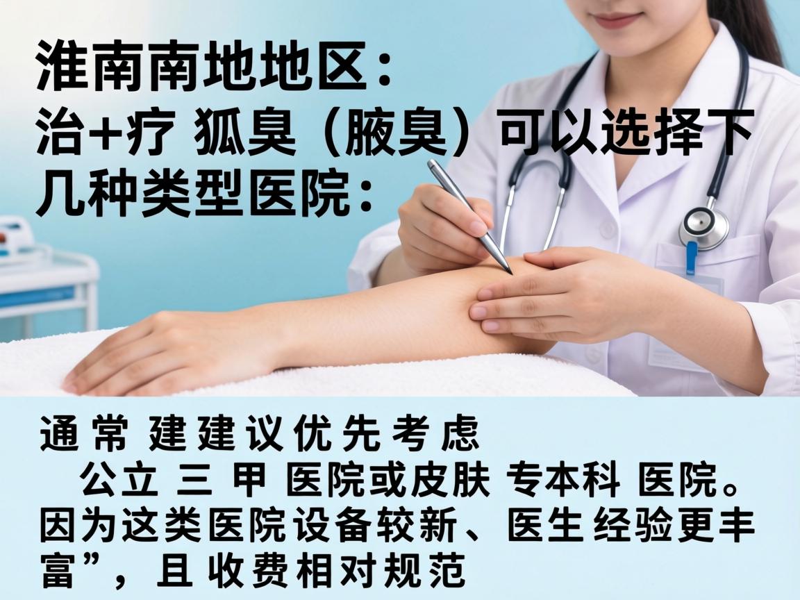 在淮南地区,治疗狐臭(腋臭)可以选择以下几种类型的医院,通常建议优先考虑公立三甲医院或皮肤专科医院,因为这类医院设备较新、医生经验更丰富,且收费相对规范 在淮南地区,治疗狐臭(腋臭)可以选择以下几种类型的医院,通常建议优先考虑公立三甲医院或皮肤专科医院,因为这类医院设备较新、医生经验更丰富,且收费相对规范