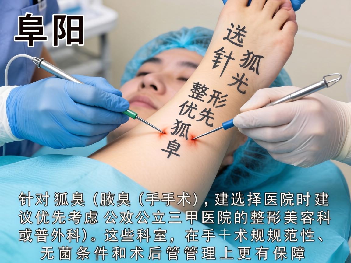 在阜阳，针对狐臭（腋臭）手术，选择医院时建议优先考虑公立三甲医院的整形美容科或普外科，这些科室在手术规范性、无菌条件和术后管理上更有保障