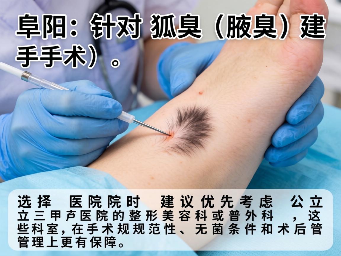 在阜阳，针对狐臭（腋臭）手术，选择医院时建议优先考虑公立三甲医院的整形美容科或普外科，这些科室在手术规范性、无菌条件和术后管理上更有保障