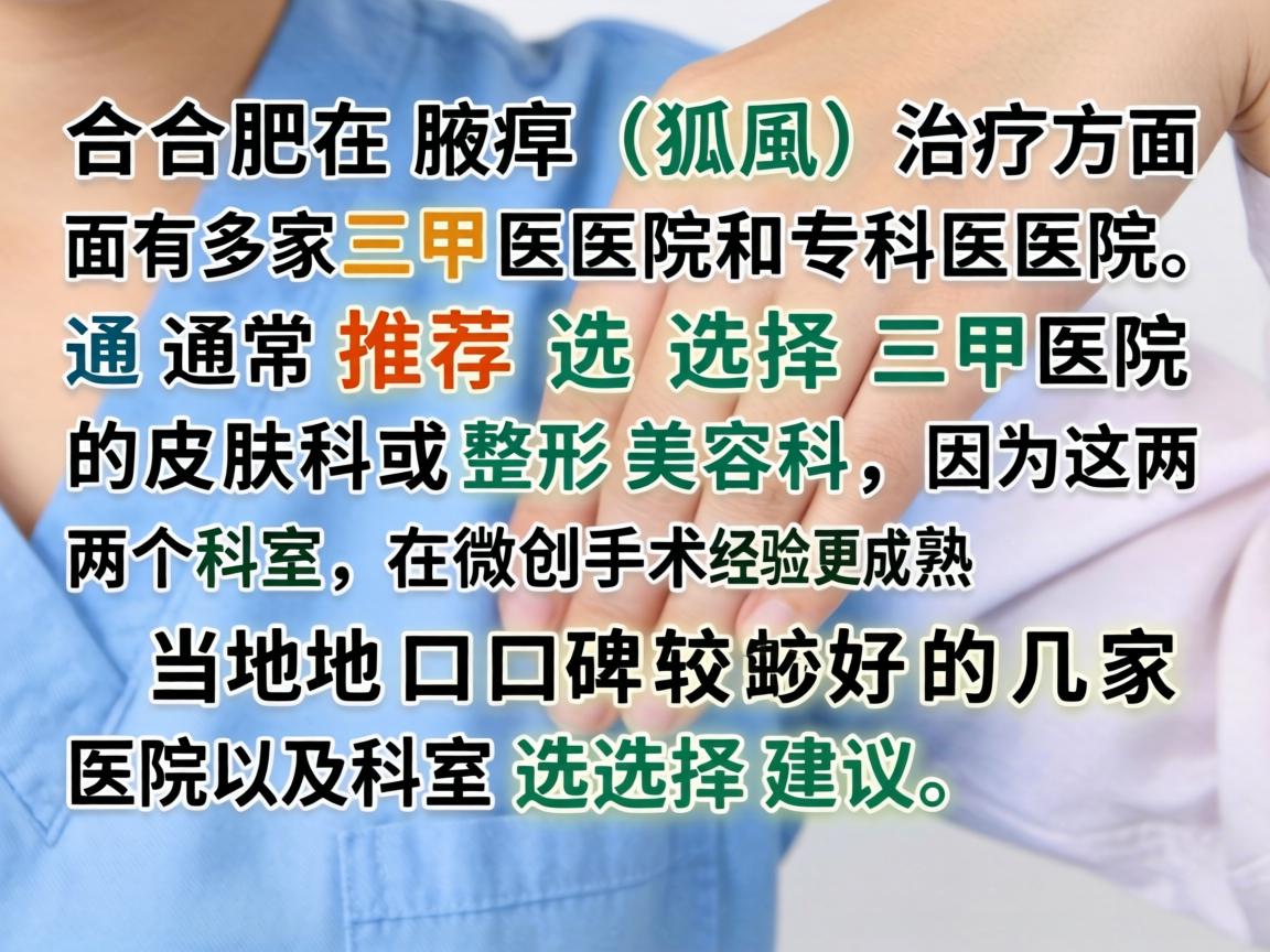 合肥在腋臭(狐臭)治疗方面有多家三甲医院和专科医院,通常推荐选择三甲医院的皮肤科或整形美容科,因为这两个科室在微创手术方面经验更成熟。以下是当地口碑较好的几家医院及科室选择建议 合肥在腋臭(狐臭)治疗方面有多家三甲医院和专科医院,通常推荐选择三甲医院的皮肤科或整形美容科,因为这两个科室在微创手术方面经验更成熟。以下是当地口碑较好的几家医院及科室选择建议