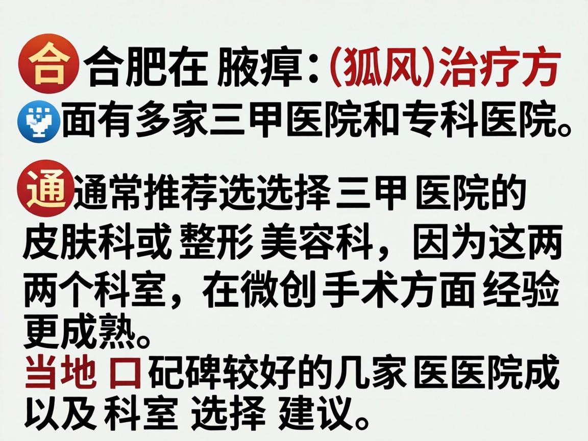 合肥在腋臭(狐臭)治疗方面有多家三甲医院和专科医院,通常推荐选择三甲医院的皮肤科或整形美容科,因为这两个科室在微创手术方面经验更成熟。以下是当地口碑较好的几家医院及科室选择建议 合肥在腋臭(狐臭)治疗方面有多家三甲医院和专科医院,通常推荐选择三甲医院的皮肤科或整形美容科,因为这两个科室在微创手术方面经验更成熟。以下是当地口碑较好的几家医院及科室选择建议
