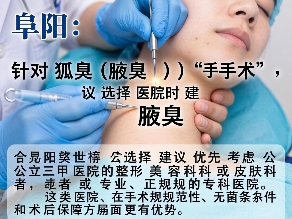 在阜阳，针对狐臭（腋臭）手术，选择医院时建议优先考虑公立三甲医院的整形美容科或皮肤科，或者专业、正规的专科医院。这类医院在手术规范性、无菌条件和术后保障方面更有优势