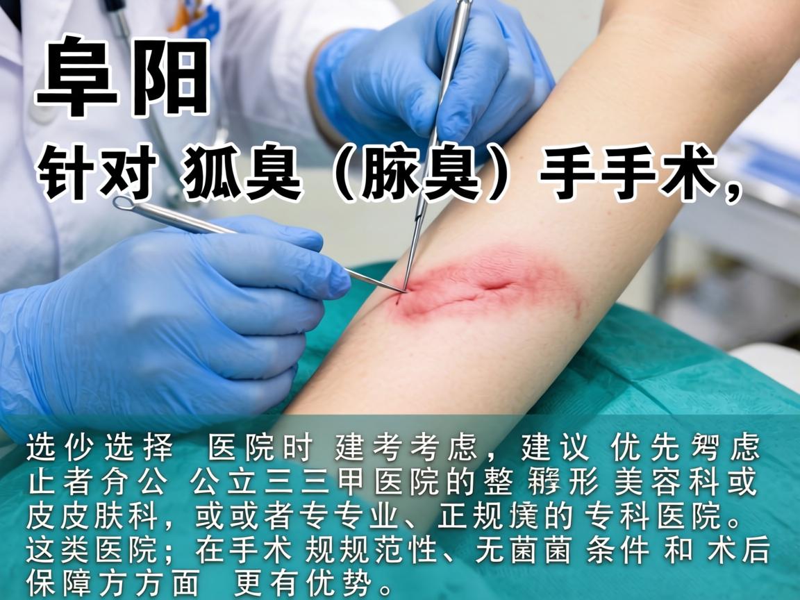 在阜阳，针对狐臭（腋臭）手术，选择医院时建议优先考虑公立三甲医院的整形美容科或皮肤科，或者专业、正规的专科医院。这类医院在手术规范性、无菌条件和术后保障方面更有优势