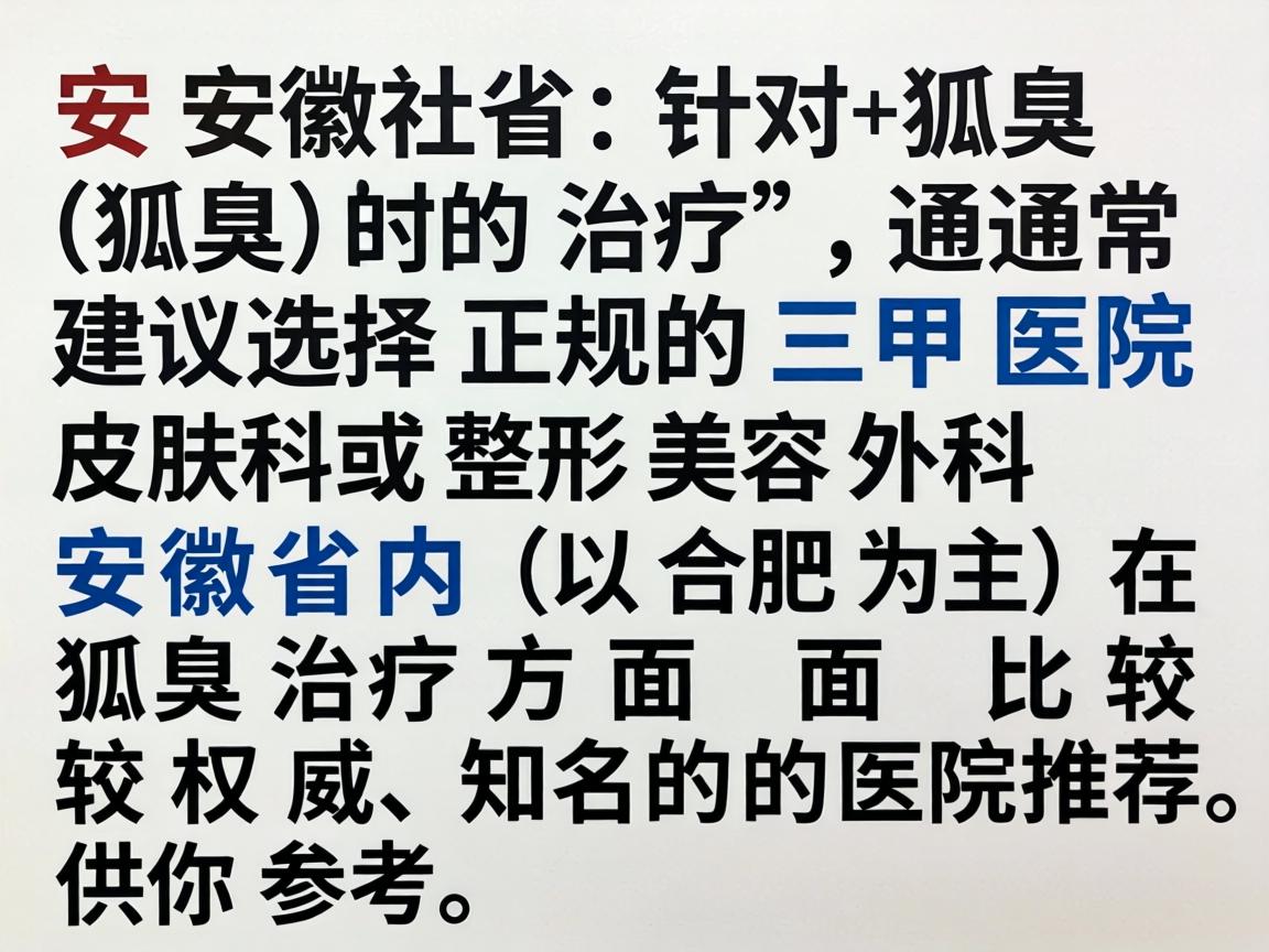 在安徽省，针对狐臭（腋臭）的治疗，通常建议选择正规的三甲医院皮肤科或整形美容外科。以下是安徽省内（以合肥为主）在狐臭治疗方面比较权威和知名的医院推荐，供你参考