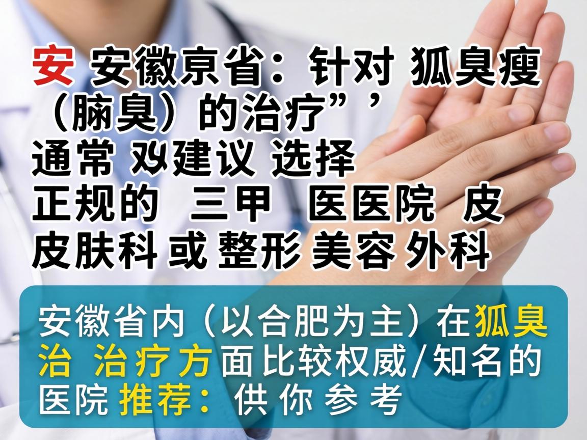 在安徽省，针对狐臭（腋臭）的治疗，通常建议选择正规的三甲医院皮肤科或整形美容外科。以下是安徽省内（以合肥为主）在狐臭治疗方面比较权威和知名的医院推荐，供你参考