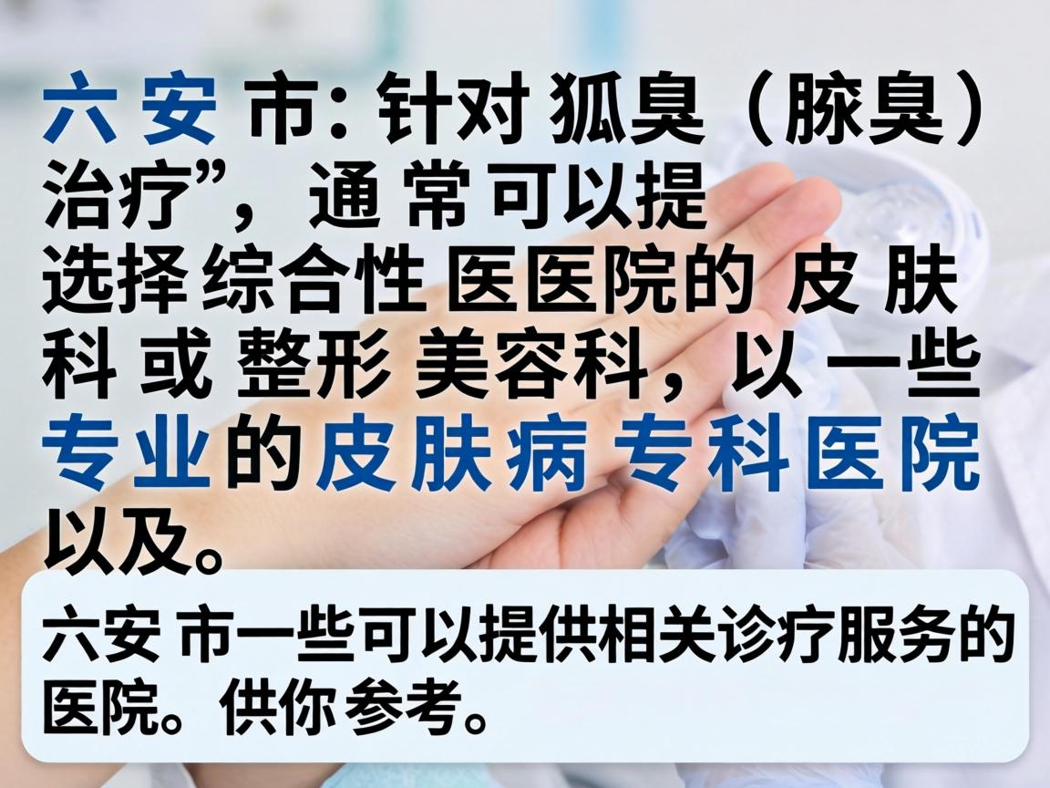 在六安市，针对狐臭（腋臭）的治疗，通常可以选择综合性医院的皮肤科或整形美容科，以及一些专业的皮肤病专科医院。以下是六安市一些可以提供相关诊疗服务的医院，供你参考