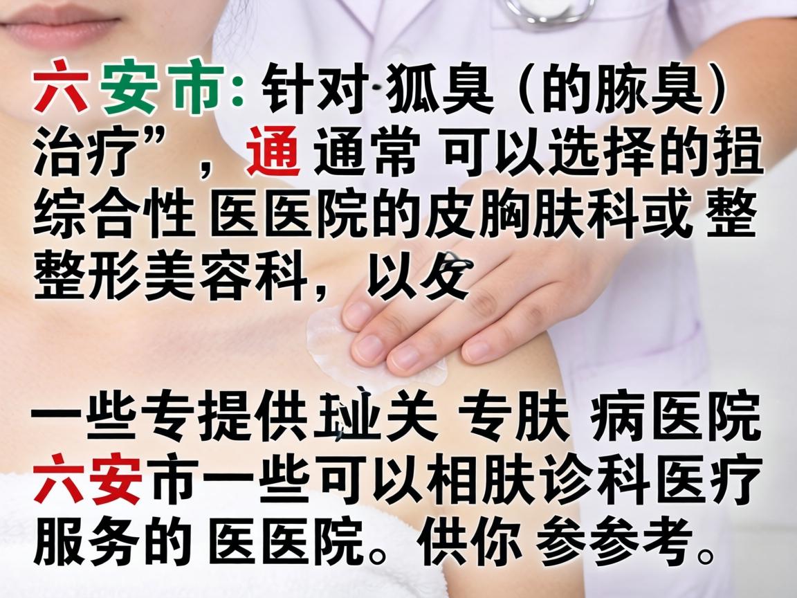 在六安市，针对狐臭（腋臭）的治疗，通常可以选择综合性医院的皮肤科或整形美容科，以及一些专业的皮肤病专科医院。以下是六安市一些可以提供相关诊疗服务的医院，供你参考