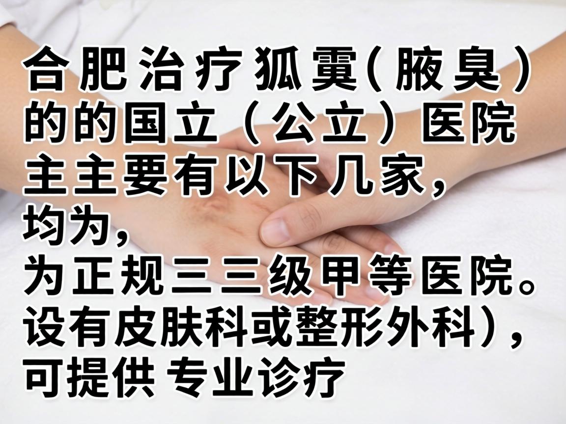 合肥治疗狐臭(腋臭)的国立(公立)医院主要有以下几家,均为正规三级甲等医院,设有皮肤科或整形外科,可提供专业诊疗 合肥治疗狐臭(腋臭)的国立(公立)医院主要有以下几家,均为正规三级甲等医院,设有皮肤科或整形外科,可提供专业诊疗