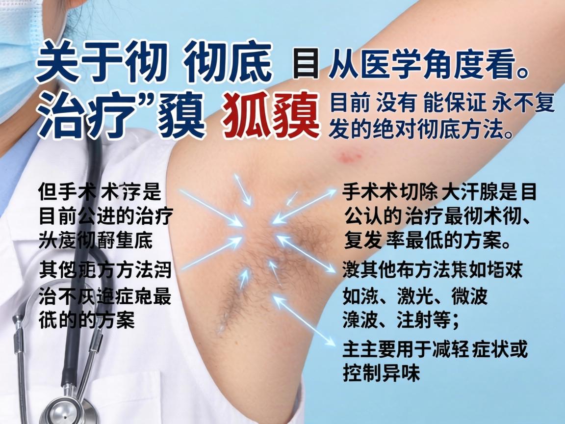 关于彻底治疗狐臭，从医学角度看，目前没有能保证永不复发的绝对彻底方法，但手术切除大汗腺是目前公认的治疗最彻底、复发率最低的方案。其他方法如激光、微波、注射等，主要用于减轻症状或控制异味
